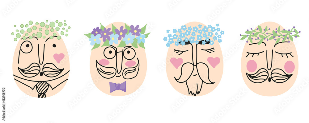 Vector set of Easter eggs with cute faces of men and women in floral wreaths. Vector illustration for postcards, posters, decor, tableware and stationery.