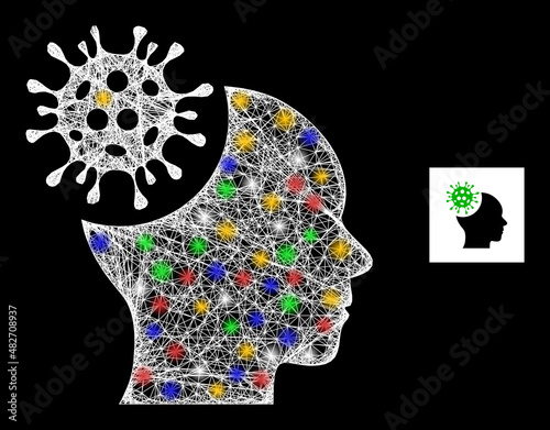 Glare net brain infection with colorful flash nodes. Illuminated vector mesh created from brain infection icon. Sparkle carcass mesh brain infection, on a black backgound.