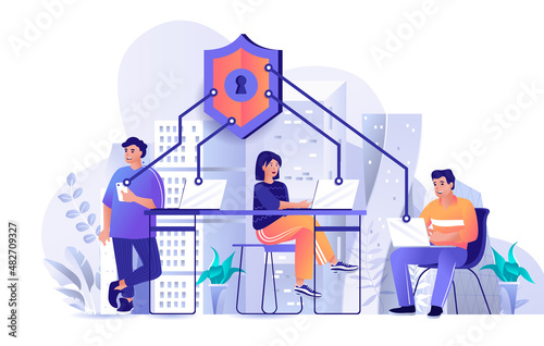 Network security concept in flat design. Personal data protection across devices scene template. Men and women using laptops or smartphones safety. Illustration of people characters activities
