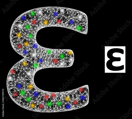 Glare network Epsilon Greek lowercase symbol with multicolored flash nodes. Illuminated vector model created from Epsilon Greek lowercase symbol. photo
