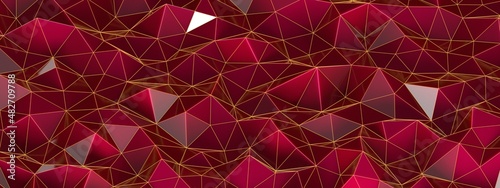 3d render, abstract red ruby crystal shaped wax plastic background, macro panorama, wide panoramic polygonal wallpaper