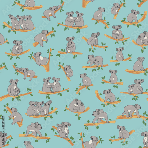 Koala animal with branches vector seamless pattern