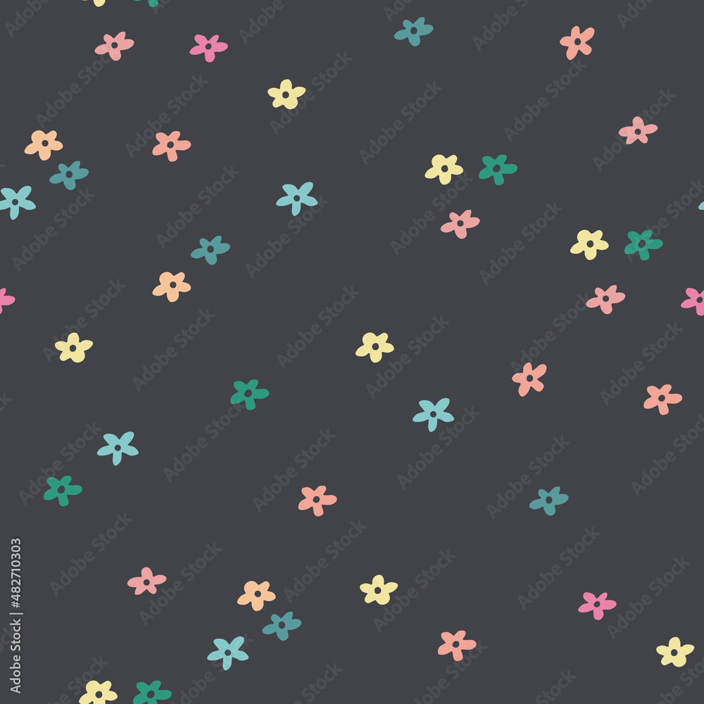 Simple little flowers vector seamless pattern dark grey background