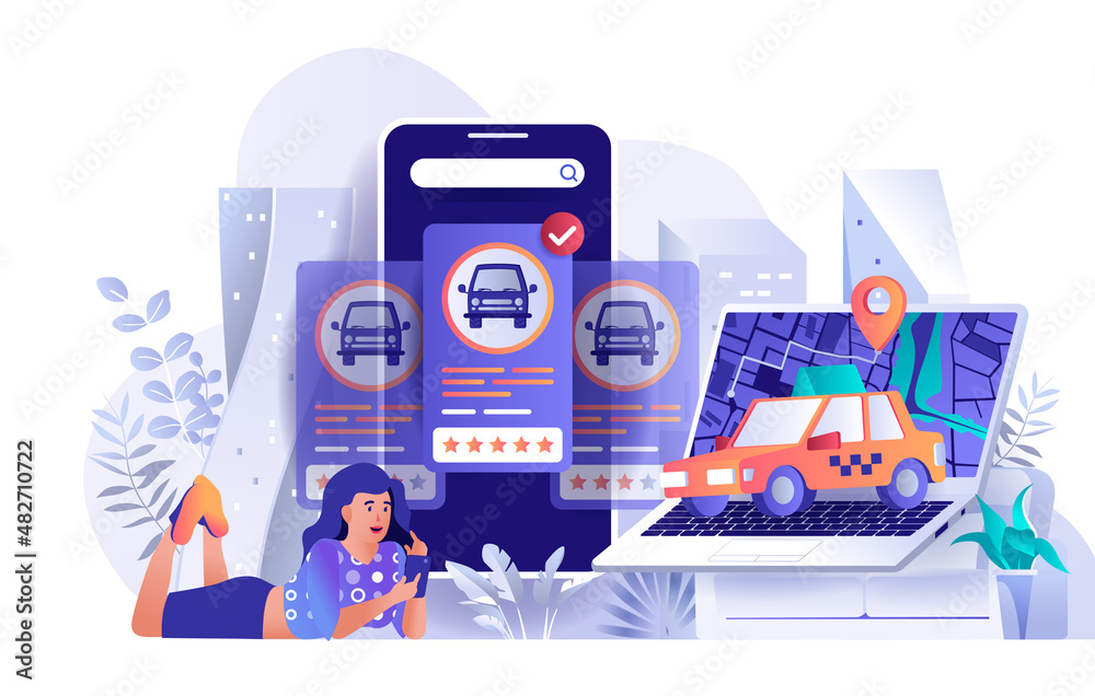 Naklejka premium Taxi booking concept in flat design. Woman orders car using mobile application scene template. Passenger transportation at city, map location. Illustration of people characters activities