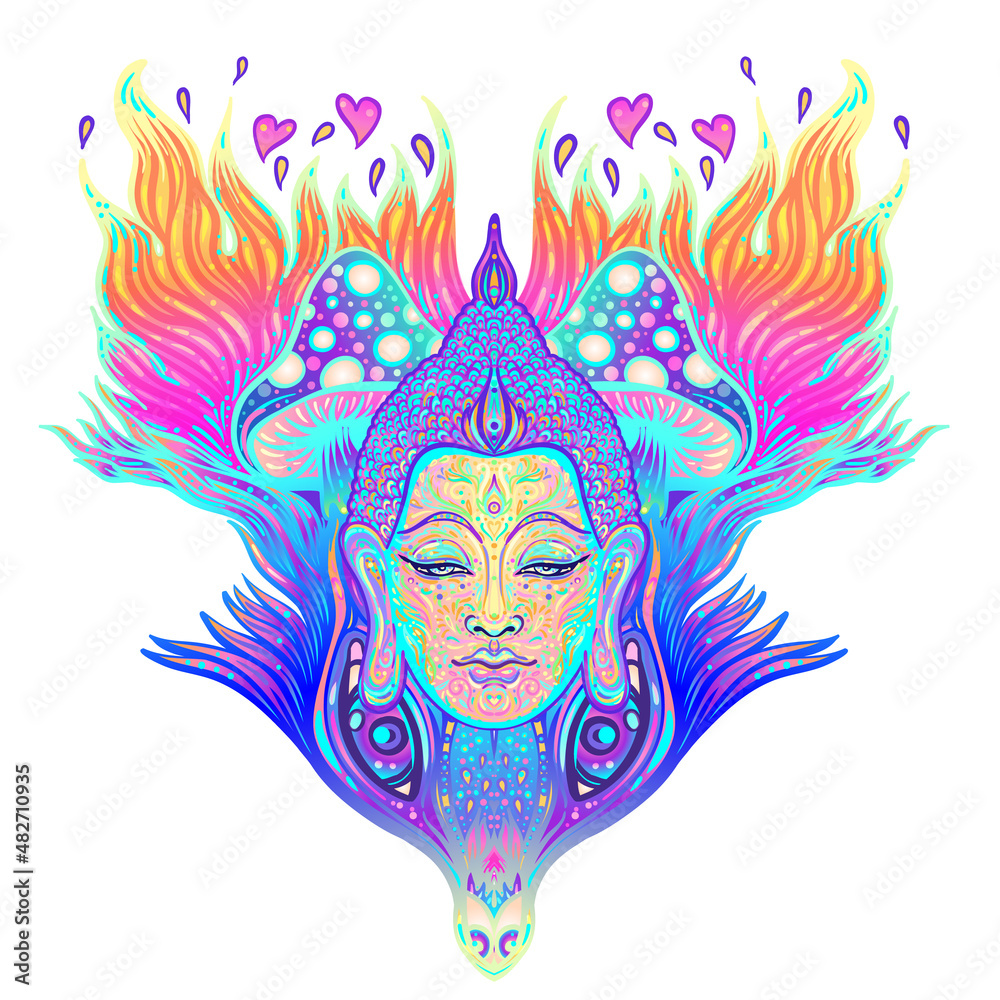 Sitting Buddha over colorful neon background. Vector illustration. Psychedelic mushroom composition. Indian, Buddhism, Spiritual Tattoo, yoga, spirituality. Sticker, patch, 60s hippie colorful art.