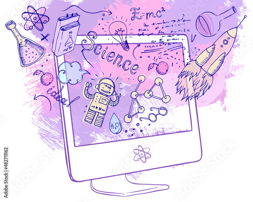 Back to School: e-learning technology concept with computer with science lab objects sketchy composition, vector illustration isolated on white.