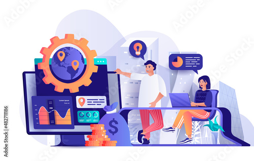 Global business strategy concept in flat design. Development of successful business scene template. Company employees analyzes statistics, planning. Illustration of people characters activities © alexdndz