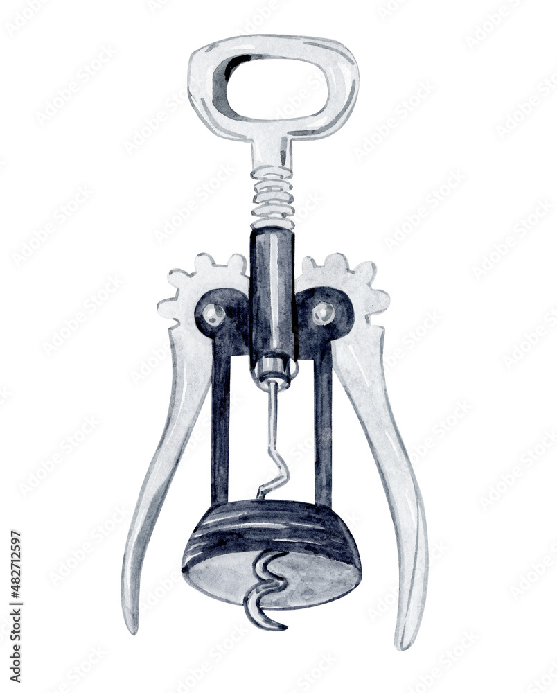 Watercolor corkscrew for opening bottles isolated on white - obrazy, fototapety, plakaty 