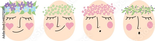 Vector set of Easter eggs with cute girlish faces in floral wreaths. Vector illustration for postcards, posters, decor, tableware and stationery.