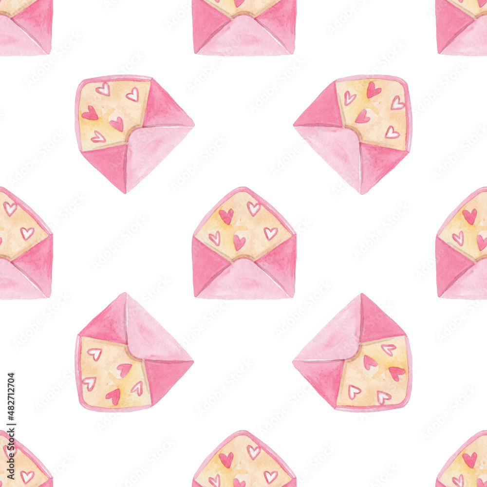 watercolor pink envelopes seamless pattern on white
