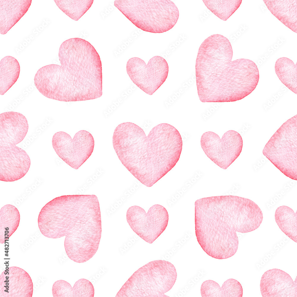 watercolor pink hearts seamless pattern on white
