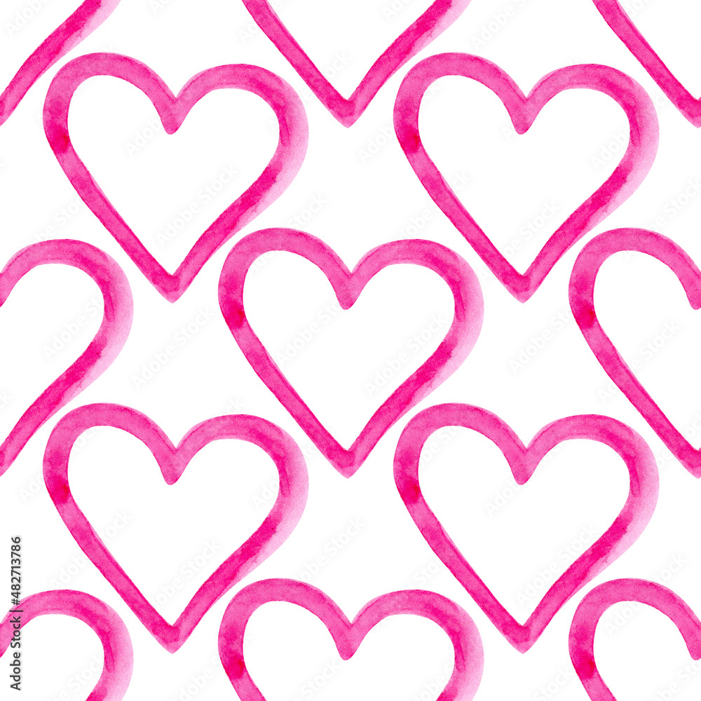 Watercolor pink hearts seamless pattern on white background