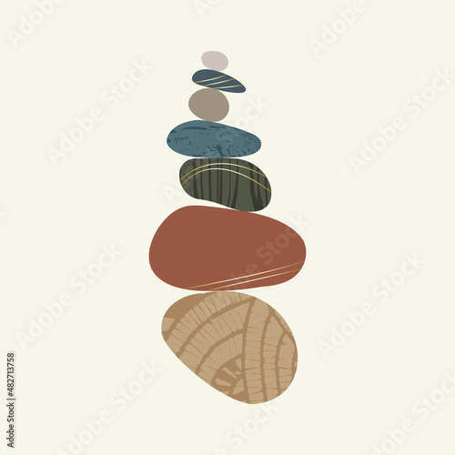 Balance pebble stone harmony vector Illustration. Simplicity calm and zen of cairn rock shape. Simple poise tower. Circle color stones with gold grunge texture. Balance concept. Poster, card, print