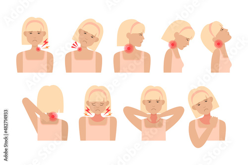 Young woman with neck pain in different positions