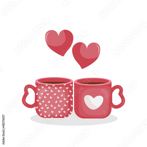 happy valentines day card with cups coffee and decoration