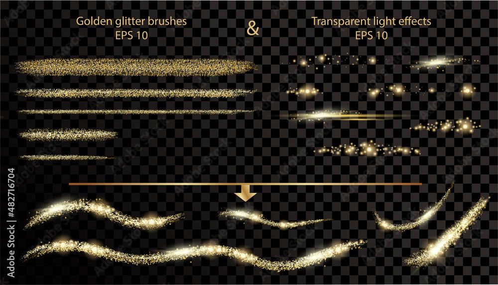 Gold glitter brushes stroke collection and transparent light effects on dark background. Isolated golden and light elements