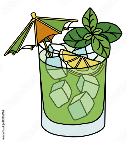 Saint Patricks Day special gin basil smash green cocktail with lemon and Irish flag umbrella decoration. Doodle cartoon vector illustration isolated on white background