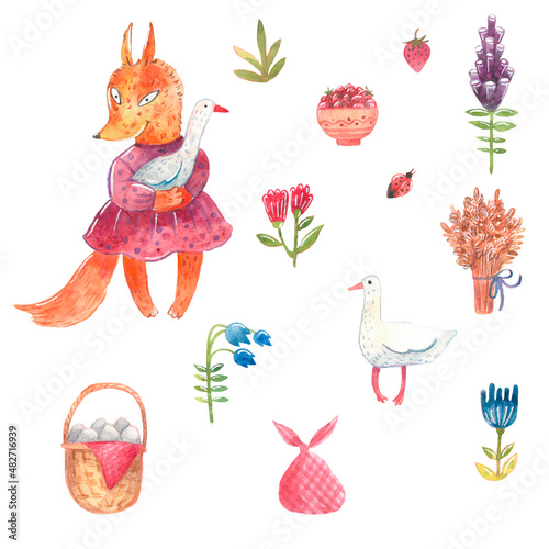 The set of illustrations with fox  goose  basket  flowers. Hand-drawn watercolor pattern for baby textiles and wallpaper
