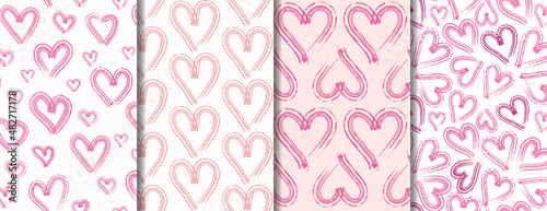 Set of 4 hand drawn pink hearts seamless pattern on background. Simple shapes for wrapping paper, wallpaper, fabric, textile