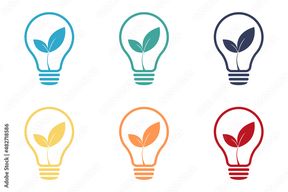 Eco light bulb icon with leaf logo. Ecological world, green leaf, energy saving lamp symbol. Illustration Eco light bulb icon with leaf logo. Ecological world, green leaf, energy saving lamp symbol. Illustration