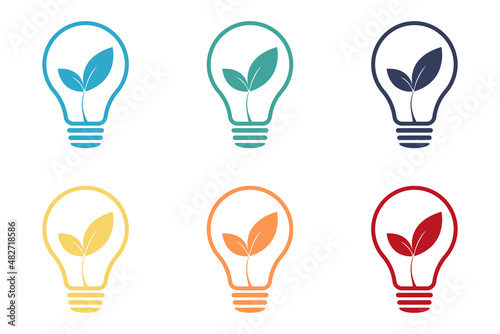 Eco light bulb icon with leaf logo. Ecological world, green leaf, energy saving lamp symbol. Illustration