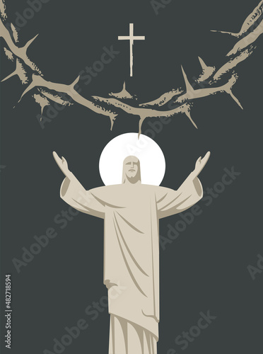 Easter banner or greeting card with a crown of thorns, a cross and the risen Jesus Christ with outstretched arms on a dark background. Vector illustration on a religious theme with the Son of God