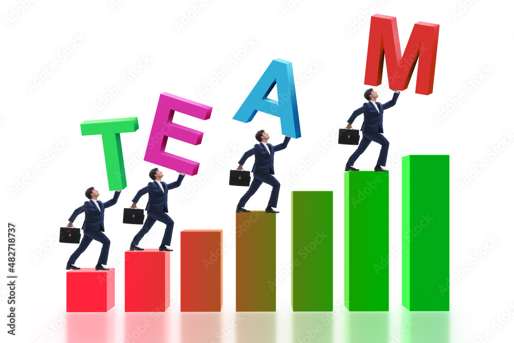 Teamwork concept with people carrying team letters Teamwork concept with people carrying team letters