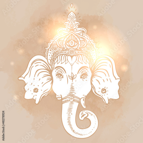 Hindu Lord Ganesha over ornate colorful mandala. Vector illustration.