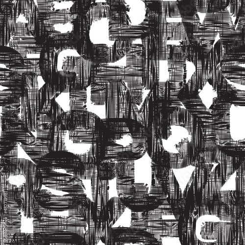 Abstract seamless pattern with overlay English letters with textile texture. Black and white vector background with capital Latin letters in retro style. Suitable for wallpaper, wrapping paper, fabric