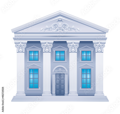 Building vector illustration. Classic house exterior of bank, courthouse, museum, court, government, university, public institute. Cartoon column building vector on white background. Architecture icon
