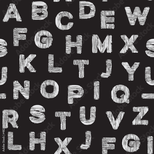 Seamless pattern of capital English letters with a textile texture on a black backdrop. Abc wallpaper. Monochrome vector background with gauze Latin letters. Graphic print for wrapping paper or fabric