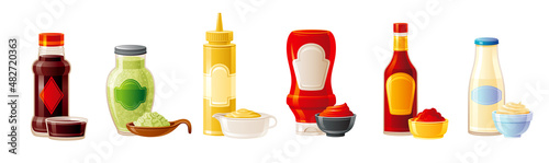 Sauces icon set. Soy, Wasabi, Mustard, Ketchup, Hot Chilli, Mayonnaise. Sauces in plastic packaging, glass bottles & cup bowls. 3d realistic food vector illustration isolated on white background