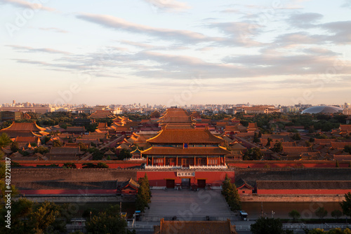 China, Beijing, Architecture of Forbidden City at sunset photo