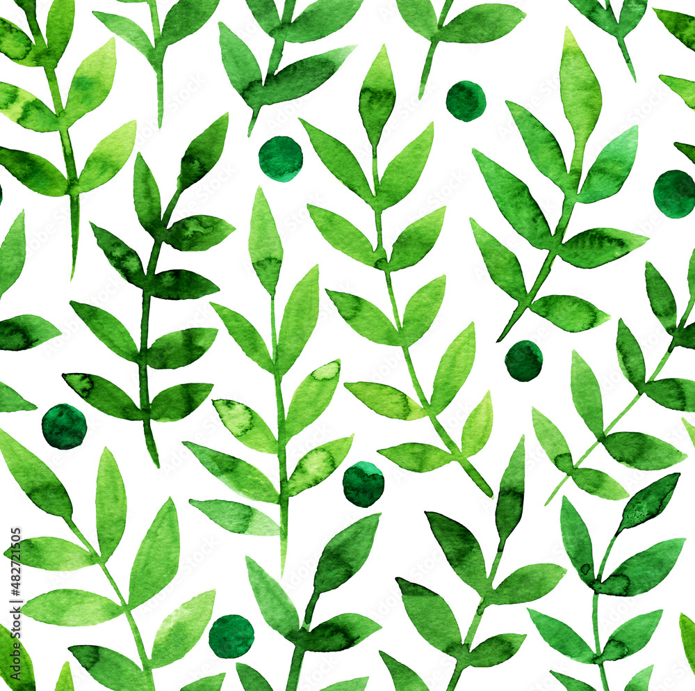 Seamless pattern with stylized leaves. Floral endless pattern filled with green leaves. Fresh greenery background, wallpaper, textile print.Watercolor hand drawn illustration on a white background.