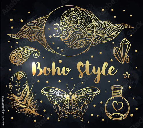 Gypsy Love: Set of Ornamental Boho Style Elements. Vector illustration. Tatto...