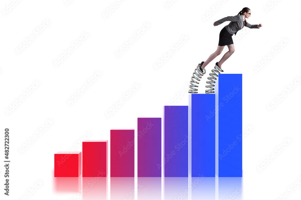 Businessman jumping high on springs Businessman jumping high on springs