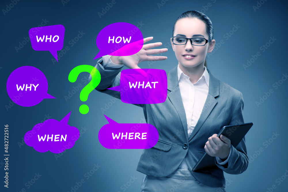 Concept of many different questions asked with businesswoman Concept of many different questions asked with businesswoman