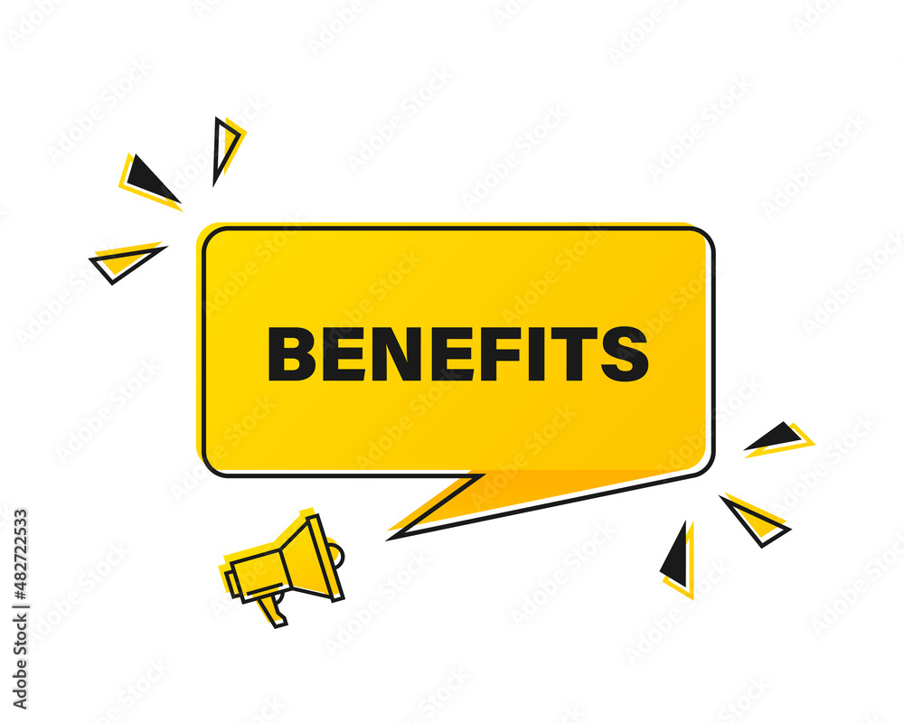 Megaphone with benefits speech bubble. Loudspeaker. Banner for business, marketing and advertising. Vector illustration EPS 10 Megaphone with benefits speech bubble. Loudspeaker. Banner for business, marketing and advertising. Vector illustration EPS 10