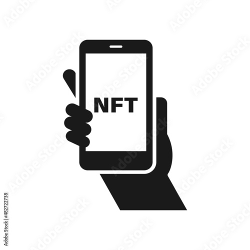 NFT non fungible token on smartphone isolated. Hand hold phone with NFT symbol in screen. Vector EPS 10
