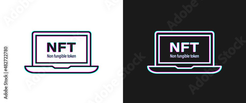 NFT non fungible token icon on laptop screen in black and white glitch style. Vector EPS 10
