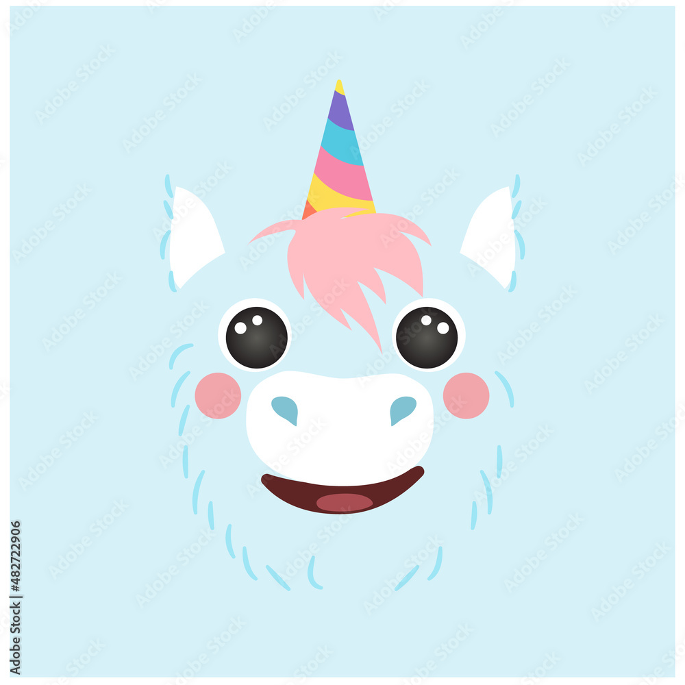 Cute Unicorn blue portrait square smile head cartoon round shape animal face, isolated avatar magic vector icon illustration. Flat simple hand drawn for kids poster, cards, t-shirts, baby clothes