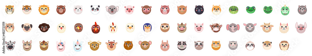 Set Animals Round avatar Cute portraits cartoon illustration flat vector raccoon, bear, sloth, panda, giraffe, fox, bunny, tiger, bear, tiger, dog, cat, frog, cow isolated for UI, app, mobile, kids