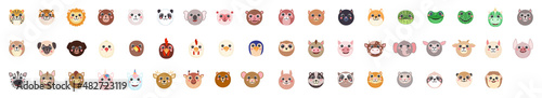 Set Animals Round avatar Cute portraits cartoon illustration flat vector raccoon, bear, sloth, panda, giraffe, fox, bunny, tiger, bear, tiger, dog, cat, frog, cow isolated for UI, app, mobile, kids