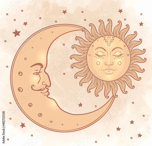 Sun and moon. Vector illustration in vintage engraving style.