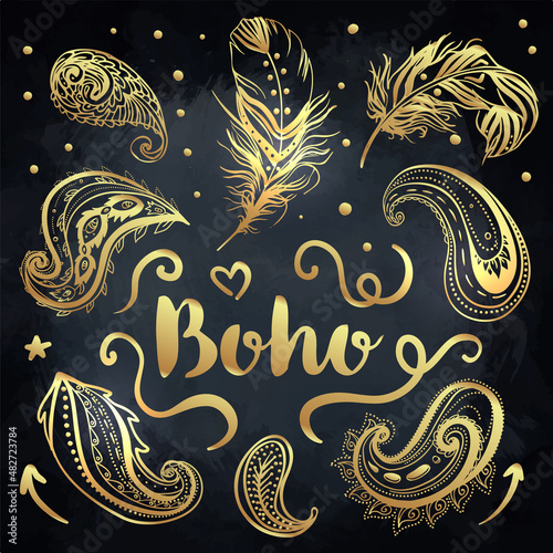Gypsy Love: Set of Ornamental Boho Style Elements. Vector illustration. Tatto...