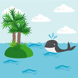 Tropical island with palm trees, sea und whale. Seascape in cartoon style. Vector graphics