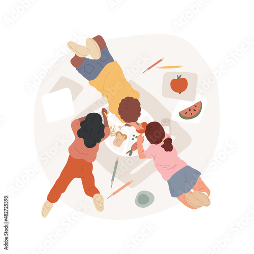 Drawing healthy plate abstract concept vector illustration. Children drawing healthy menu, learn nutrition fact, eating habit development, after school education, PA day program abstract metaphor.