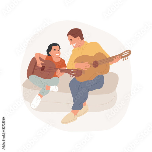 Guitar class abstract concept vector illustration. Guitar after school lesson, music classes, summer camp, PA day program, creativity development, art education, daycare center abstract metaphor.