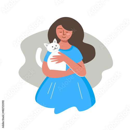 girl holding a cat - vector illustration. pet and girl. woman hugging a white kitten