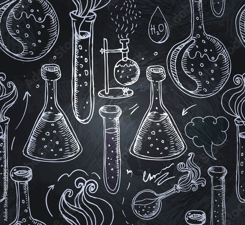 Back to School: science lab objects doodle vintage style sketches seamless pattern, vector illustration.